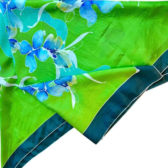Silky scarf brilliant green & blue floral large square mod art-to-wear vintage - Picture 2 of 8